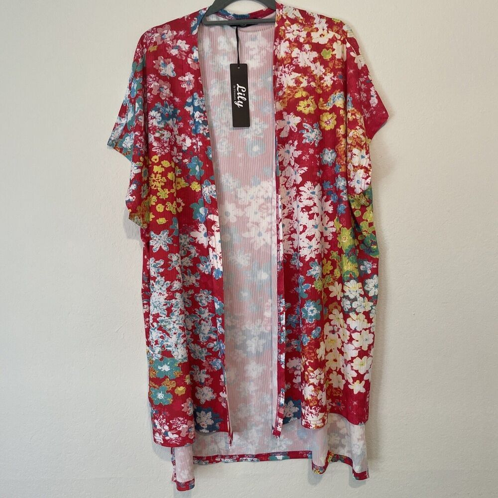 Lily by Firmiana Kimono Wrap Floral Satin L Multicolor Flowers Beach Coverup NEW